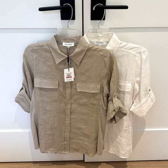 NWT Calvin Klein Linen Roll Sleeve Button Front Blouse in White - Picture 7 of 7